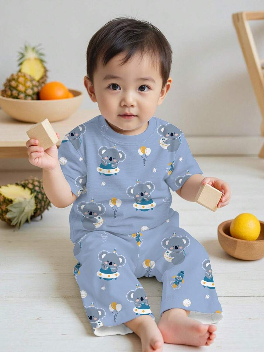 SHEIN 男童休闲卡通图案宽松家居服套装,适合夏季 - 彩色 - 查看 1