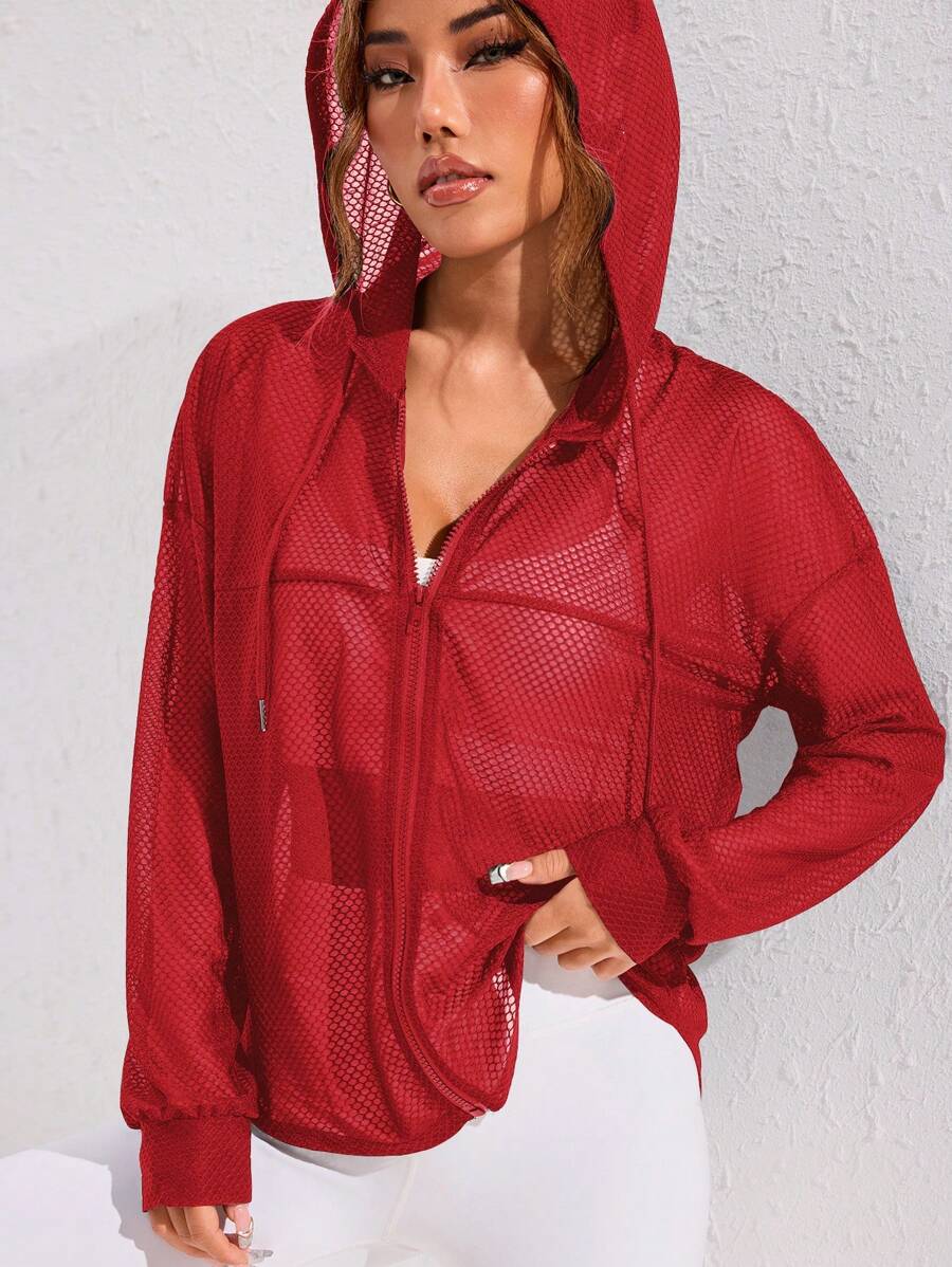 SHEIN Core Rhythm 女士休闲运动风格纯色拉链抽绳连帽衫网眼透视夹克 - 紅色 - 查看 1