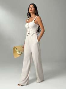 SHEIN Tall Set de 2 piezas de mujer elegante para una cita: Top de tirantes con cuello cuadrado y botones y pantalones anchos de pierna ancha