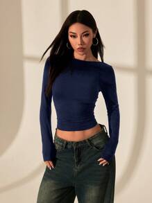SHEIN PETITE Backless Lace Stitching Backless Women's T-Shirt Top. Sexy Date Wear Suitable For Summer.