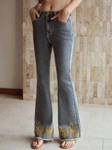 MOTF PREMIUM RAW HEM EMBROIDERY FLARE LEG JEANS - Grey - View 7