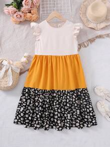 SHEIN 青少年女孩优雅圆领撞色盖袖拼布连衣裙 - 彩色 - 查看 5