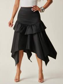 纯色塔夫绸低腰分层荷叶边不对称下摆黑色中长裙，夏季，秋季 - 黑色 - 查看 4
