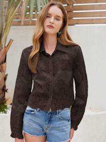 Aveloria 女士短款天丝衬衫，花卉刺绣荷叶边下摆，翻领，长袖 - 鏽棕色 - 查看 3