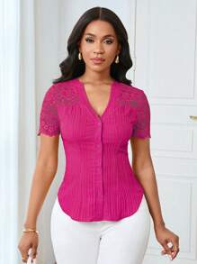 Lunelith SHEIN Lunessa Áo cánh ren vá cổ chữ V màu trơn tối giản dành cho nữ khi đi làm - Màu Hồng Tươi - Xem 3