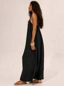 Musera Resort Linen Strappy Baggy Collum Maxi Dress Spring Summer Ibiza Outfit Holiday Cute Romantic Festival Vacation Beachwear Beach Black Fall  Elegant Graduation Long Dress - Black - View 2