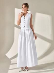 CLARA VERO Set de 2 piezas, top de chaleco con botones delanteros y falda larga de corte evasé, estilo elegante y casual para mujer
