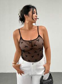 Firerie Plus Size Spring/Summer New Comfortable Casual Elegant Sexy Stretchy Polka Dot Bow Sheer Mesh Bodysuit For Women - Black - View 3
