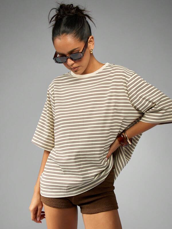 MISSGUIDED Lightweight Oversized Striped T-Shirt Classic Ribbed Short Sleeve All Season Casual Top Daily Wear Essential Basic Tee Daily Wear Casual Wear College Essential