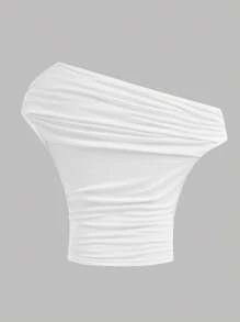 SHEIN Girlism Tween 女童休闲白色不对称肩部褶饰修身短款上衣 T 恤，迷人百搭 - 白色 - 查看 7