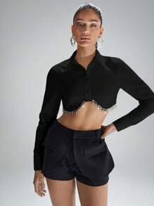 Denimoi 水钻流苏短款翻领衬衫 - 黑色 - 查看 3