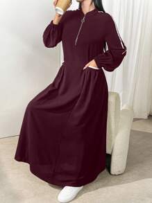 Al Najma Váy dài tay thời trang có khóa kéo cho nữ, phong cách Ả Rập nhẹ nhàng và thanh lịch, trang phục thể thao thường ngày/đi làm/trở lại trường, váy dài kiểu Ả Rập - Màu Đỏ Sâu - Xem 4