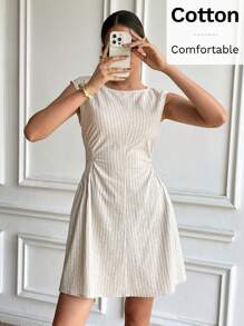 Serisse 女士休闲条纹无袖迷你连衣裙，夏季 - 杏色 - 查看 3