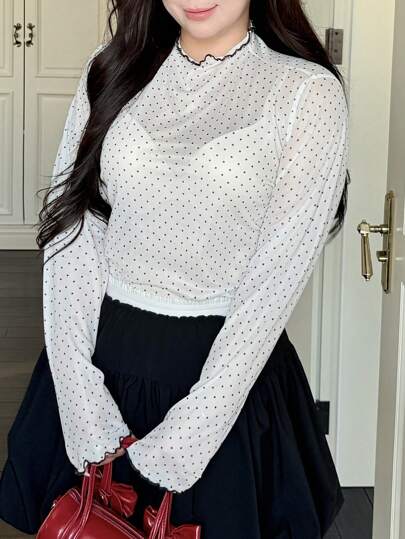 Dazy Plus 大码女式撞色拼接立领网纱波点上衣透视衬衫T恤