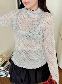Dazy Plus Plus Size Women Contrast Color Patchwork Stand Collar Mesh Polka Dot Top Sheer Blouse T-Shirt