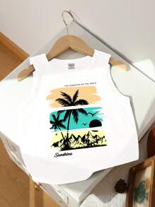 SHEIN 男童休闲椰树印花无袖上衣，适合夏季穿着