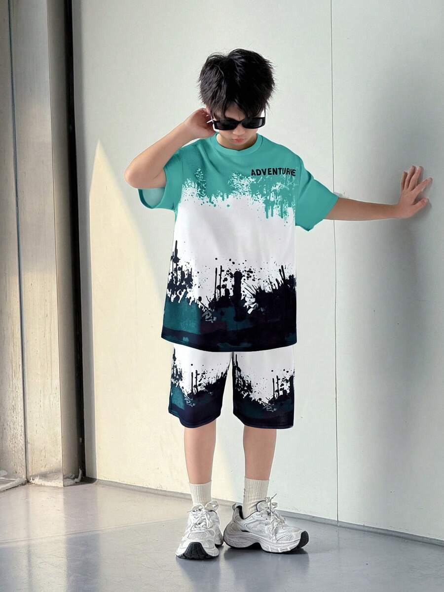 SHEIN Tween Boys' Loose Street-Style Short Sleeve T-Shirt And Shorts Set Boys Summer Clothes Sets Teen Boy Summer Outfits Boys Drip Outfits Boys Graphic Tee And Shorts Set Boys Korean Fashion - Blue - View 1