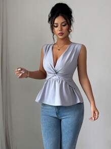 Elenzga Women's Summer Plain V-Neck Sleeveless Twist Front Blouse