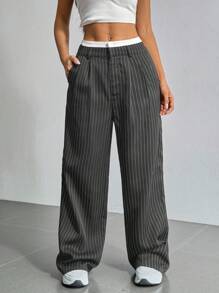 SHEIN EZwear 大码灰白撞色直筒裤 - 灰色 - 查看 6