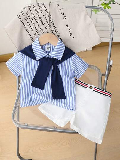 SHEIN 男婴三件套夏季服装：条纹领衬衫、白色短裤、蓝色斗篷 - 适合外出、休闲装、轻度运动
