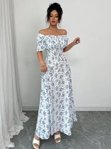 SHEIN Tall Elegant Vacation Casual Puff Sleeve Square Neck Tied Waist Slim Fit Dress For Tall Women, Spring/Summer