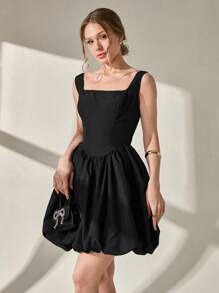 CLARA VERO Vestido corto globo de cintura alta con tirantes negros, vestido elegante para fiesta de graduación