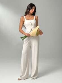 SHEIN Tall Set de 2 piezas de mujer elegante para una cita: Top de tirantes con cuello cuadrado y botones y pantalones anchos de pierna ancha