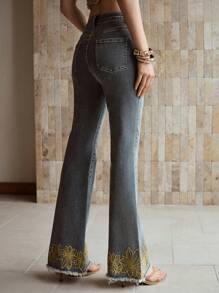 MOTF PREMIUM RAW HEM EMBROIDERY FLARE LEG JEANS - Grey - View 6