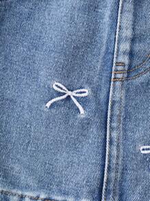 Peto vaquero ajustable con hebilla, bordado de moño, para niñas bebés, diseño casual de primavera/verano, apropiado para uso diario - Azul lavado medio - Ver 5