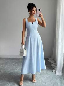 Elenzga 女士条纹方领无袖长裙 - 藍白色 - 查看 3