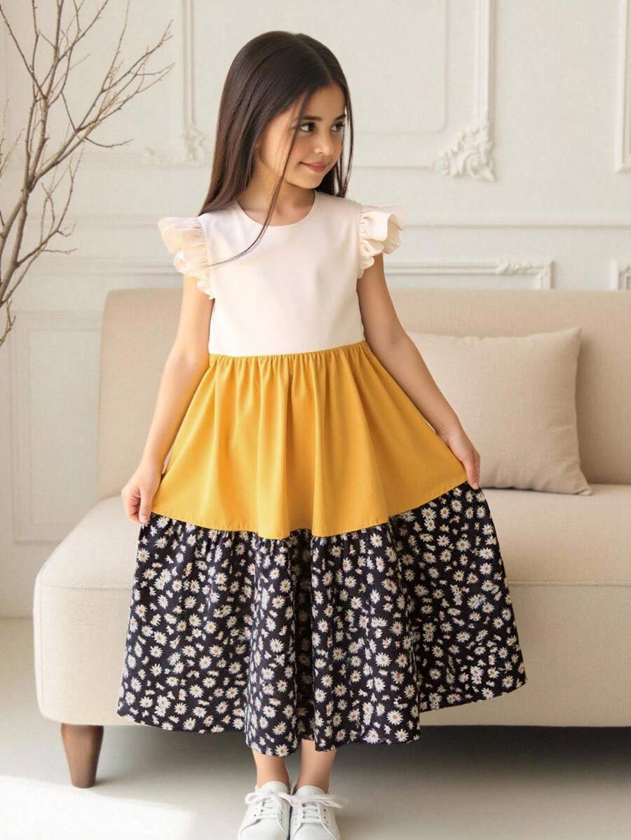 SHEIN 青少年女孩优雅圆领撞色盖袖拼布连衣裙 - 彩色 - 查看 1