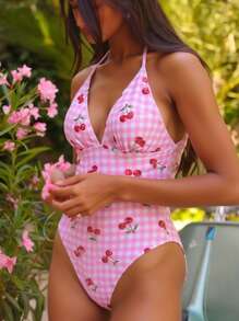 Swim Mod 女士可爱时尚度假风格格子水果随机印花吊带露背连体泳衣 - 彩色 - 查看 1