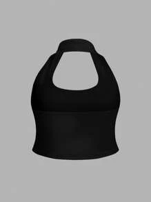 SHEIN BAE Plus Size Women White Halter Neck Cropped Tank Top, Suitable For Summer - Black - View 5