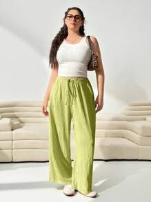 Solflare Women Plus Size Loose Lime Green Woven Long Pants - Lime Green - View 3