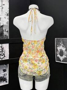 EgrlEra Women Floral Print Halter Backless Sleeveless Top For Summer