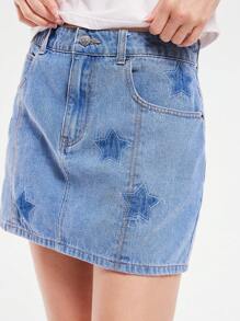 WESTFADE Váy ngắn denim pha cotton bó Rodeo Cowgirl Star Seamed Fitted Western Concert Nashville Country Concert - Rửa trung bình - Xem 5
