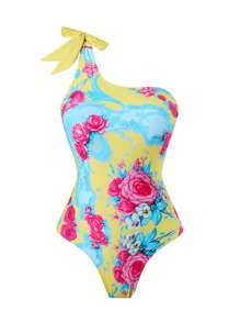 SHEIN Swim Bikini de una pieza con estampado floral y falda maxi a juego para playa y vacaciones