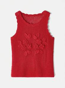 Maija 红色钩针3D花卉装饰无袖休闲度假基本款女式背心上衣 - 紅色 - 查看 7