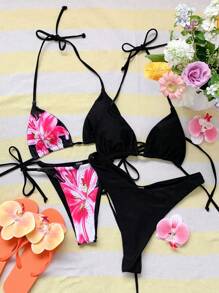 Comfortcana 2pcs Women's Summer Solid Color And Floral Print Bikini Set, Beachwear, Suitable For Vacation Wear