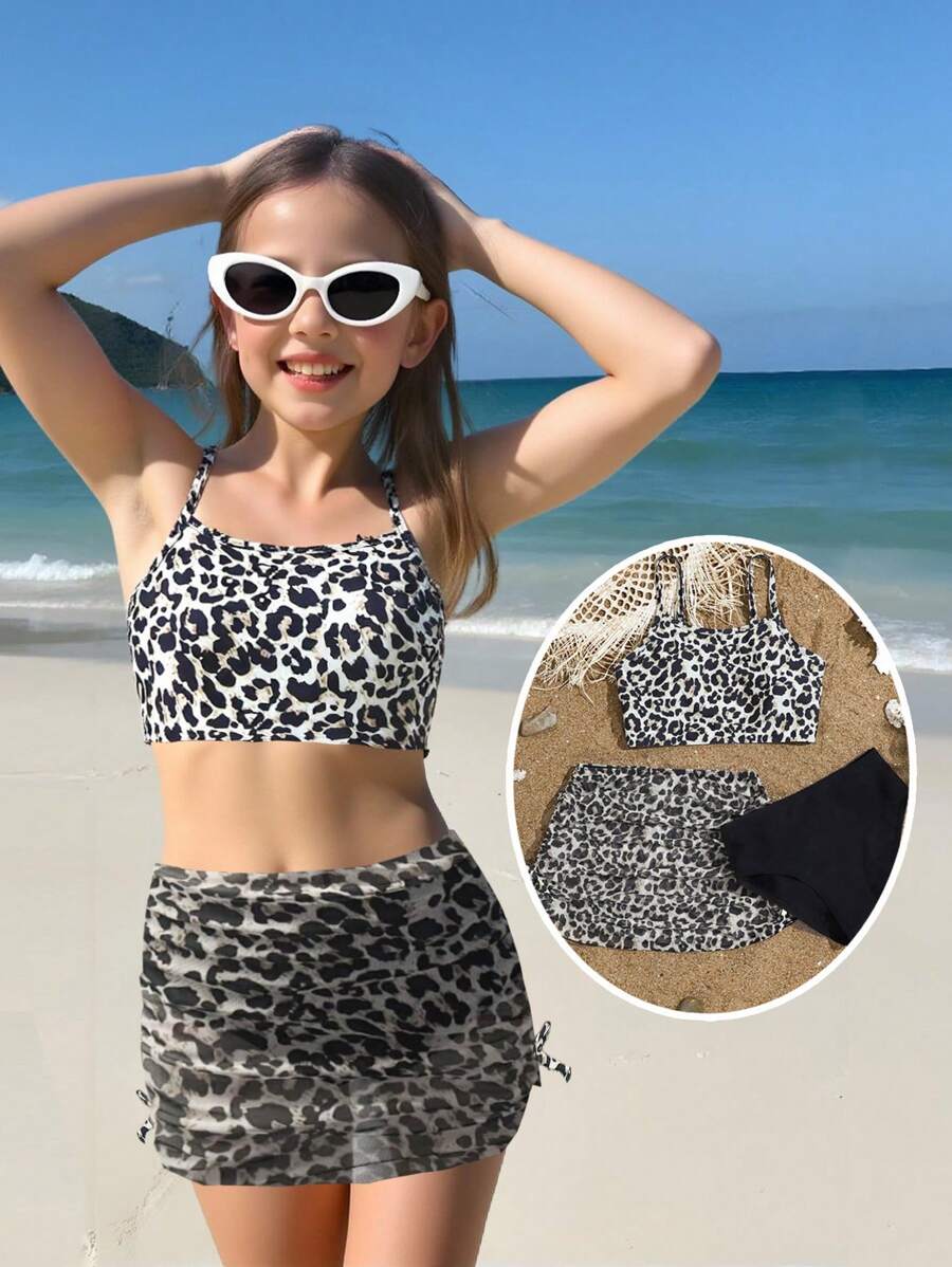 Conjunto de 2 piezas de bikini para niñas preadolescentes con Top e inferior con estampado de leopardo y flores, y tirantes ajustables - Multicolor - Ver 1