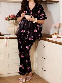 大码女式心形与蝴蝶结印花开襟上衣和裤子睡衣套装