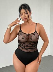 Firerie Plus Size Spring/Summer New Comfortable Casual Elegant Sexy Stretchy Polka Dot Bow Sheer Mesh Bodysuit For Women - Black - View 1