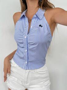 SHEIN Tall 春夏修身女式条纹刺绣图案纽扣衬衫