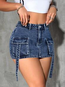 SHEIN PETITE 女式工装口袋A字休闲牛仔半身裙 - 深色水洗藍 - 查看 5