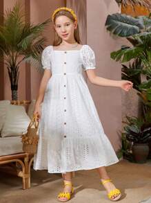 SHEIN Tween Girl Puff Sleeve Button Front Schiffy Dress - White - View 3