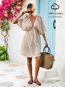 Vivid Eden 女士纯色蝙蝠袖短款休闲度假连衣裙，女士夏季服装，女士度假服装，女士夏季连衣裙，波西米亚风，波西米亚风女装