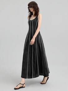 Ontre Linen Fabric Colorblock Sleeveless Round Neck Simple Fashion Dress, Casual Vacation Dress, Business Casual Dress For Women, Autumn