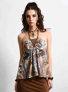 ROMWE Hippie Women's Summer Sleeveless Halter Neck Leopard Print Ruffle Hem Tank Top - Multicolor - View 1