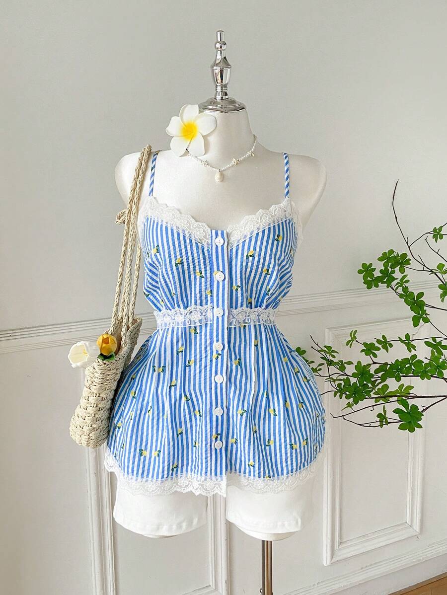 Comfortcana 大码花卉对比蕾丝条纹印花前扣休闲吊带背心 - 彩色 - 查看 1