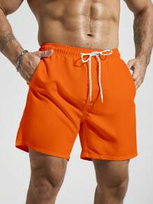Surfspeed Men's Plain Pocketed Drawstring Waist Beach Shorts, Suitable For Summer, Hawaiian, Men Dry Fit Orange Swim Trunks, Men Swim Trunk Matching, Men Beachwear, Plain Swim Trunks